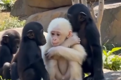 Filhote de gorila albino recebe carinho de companheiros e vídeo emociona nas redes sociais